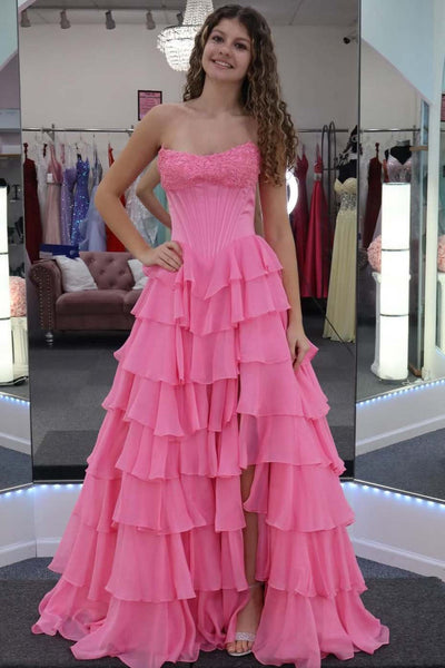 A-Line Strapless Pink Ruffle Tiered Chiffon Long Prom Dresses with Slit VK26011803