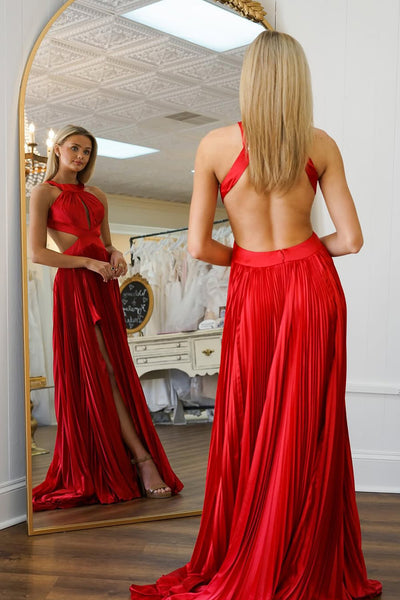 A-Line Halter keyhole Cutouts Red Satin Pleated Long Prom Dresses with Slit VK021412