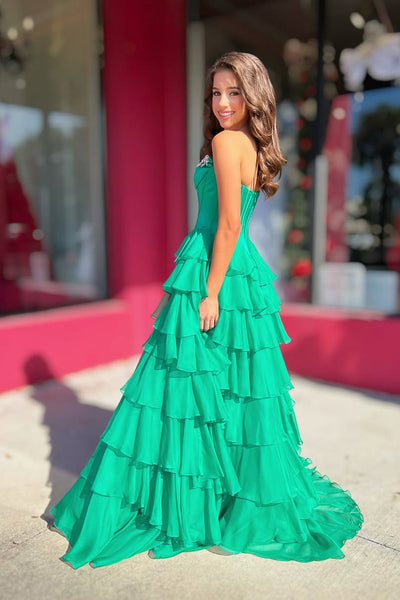 Gorgeous A Line Green Chiffon Tiered Prom Dress with Beading VK15112705