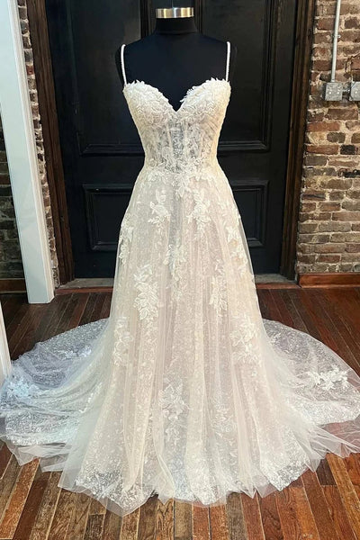 White Floral Lace Sweetheart Straps A-Line Long Bridal Gown VK23062602