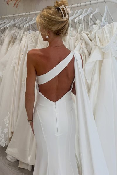 Simple Mermaid One Shoulder White Soft Satin Wedding Dress VK26081102