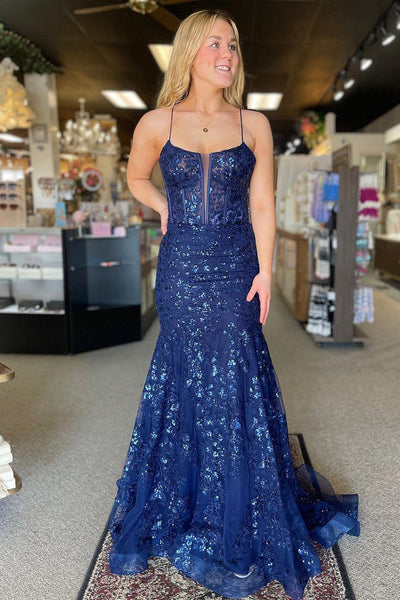 Navy Scoop Neck Sequin Lace Mermaid Long Prom Dresses VK24021905