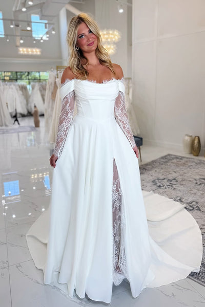 Bohemian A Line Off the Shoulder Satin Lace Wedding Dress VK25062401