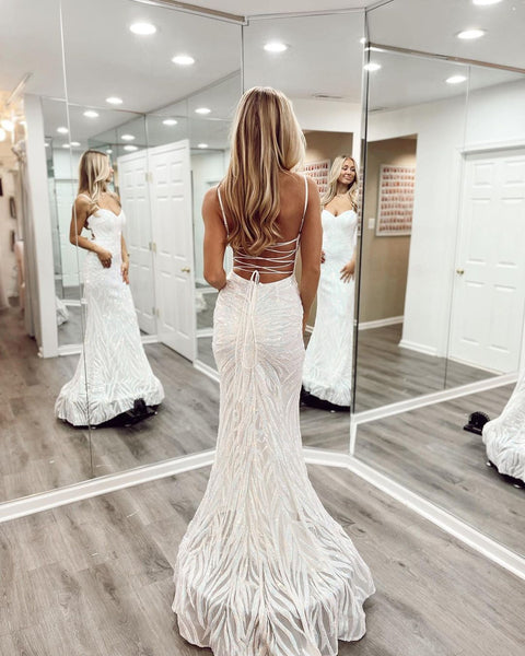 Cute Mermaid Sweetheart White Sequins Lace Prom Dress