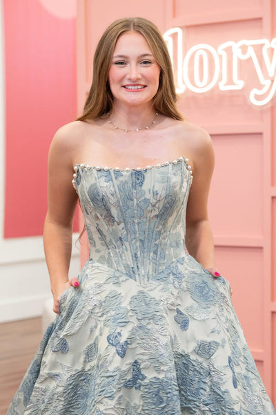 Gorgeous A Line Scoop Neck Jacquard Satin Long Prom Dress with Beading VK16020308