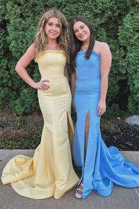 Yellow Strapless Satin Mermaid Long Prom Dresses with Slit VK24010605