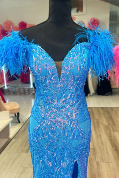 Glittering Glamour Mermaid Off the Shoulder Hot Pink/Blue Long Prom Dress with Feather VK23092308
