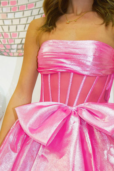Princess  Ball Gown Strapless Pink Organza Prom Dress with Big Bow