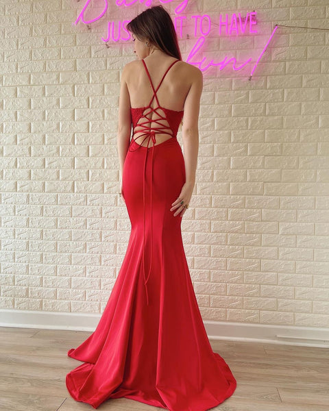 Cute Mermaid V Neck Red Satin Long Prom Dresses with Appliques VK23051002