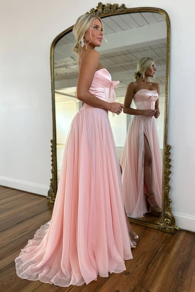 A Line Strapless Light Blue Chiffon Long Prom Dress with Slit VK22804