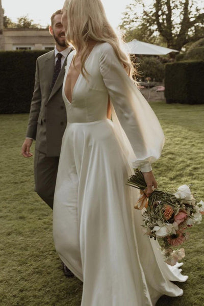 Elegant A-Line Deep V Neck Long Sleeves Wedding Dresses VK23082501