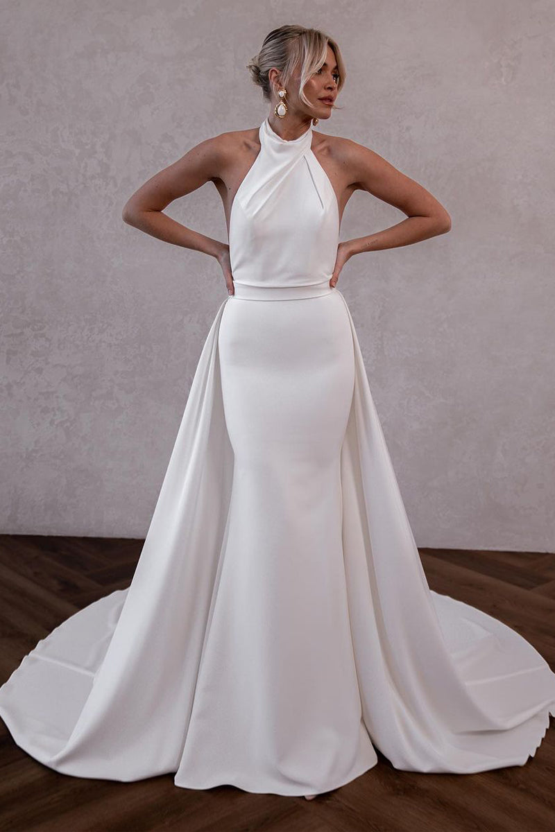 White Satin Halter Wedding Dresses with DetachableTrain VK23111105