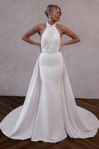 White Satin Halter Wedding Dresses with DetachableTrain VK23111105
