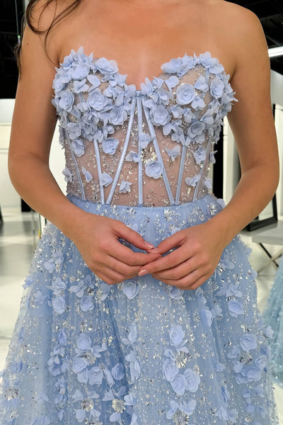 A-Line Strapless Light Blue Sequins Long Prom Dresses with 3D Flower Appliques VK022406