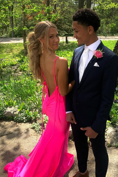 Gorgeous Mermaid V Neck Pink Satin Prom Dress with Slit VK25060504