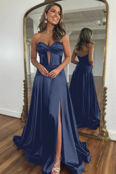 Royal Blue Sweetheart Satin Long Prom Dresses with Slit VK24031506