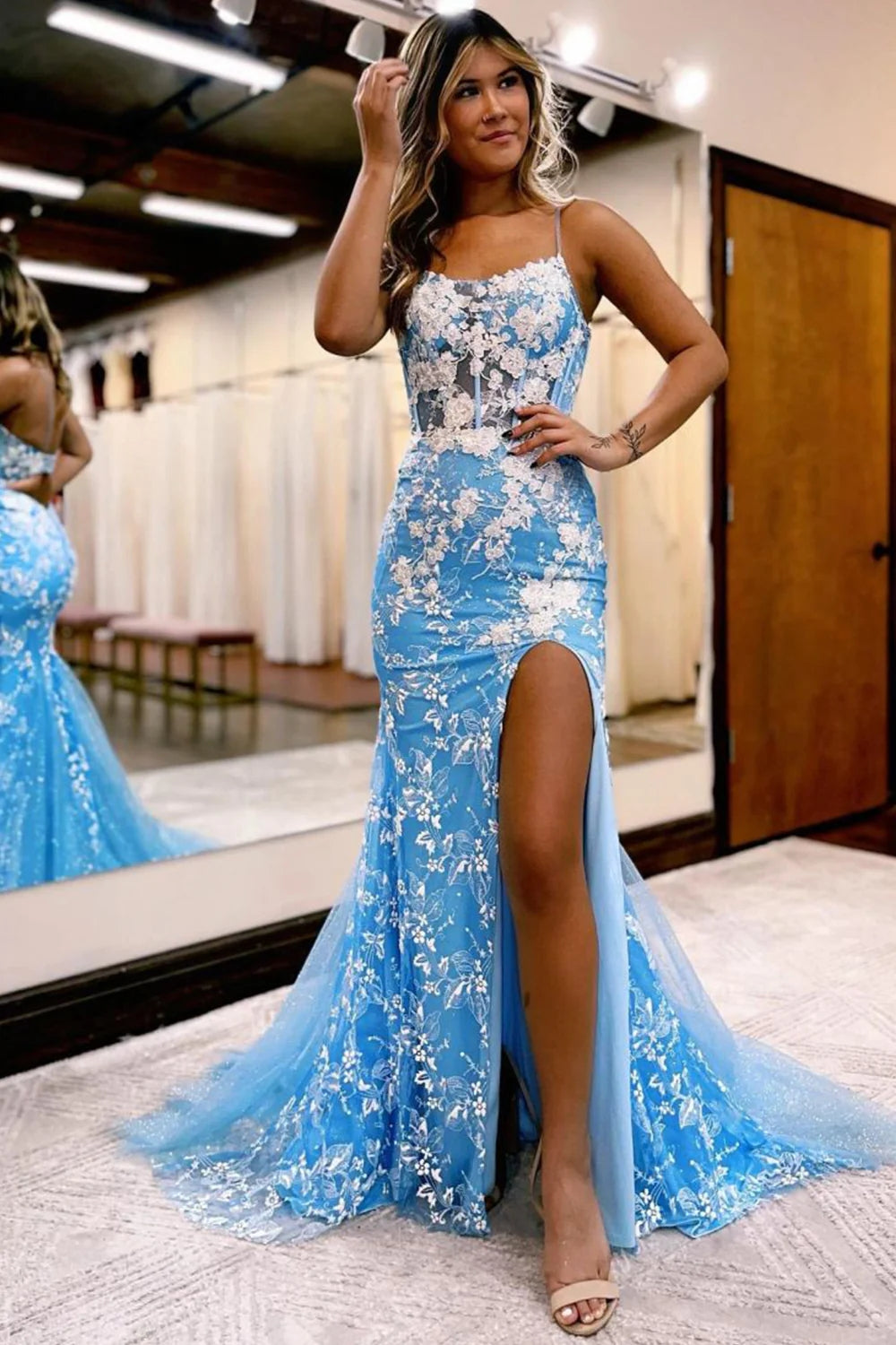 Blue Open Back Mermaid Lace Prom Dress with Slit VK23092904