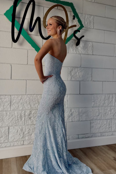 Exquisite Strapless Grey Blue Appliques Long Prom Dresses with Slit VK26020203