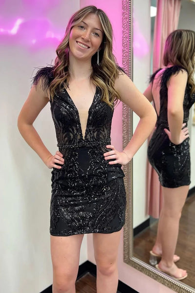 Trendy Bodycon Deep V Neck Black Short Homecoming Dress with Feather VK23080902
