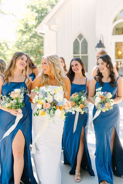 Simple Mermaid Spaghetti Straps Blue Long Bridesmaid Dresses with Bow Back VK24040703