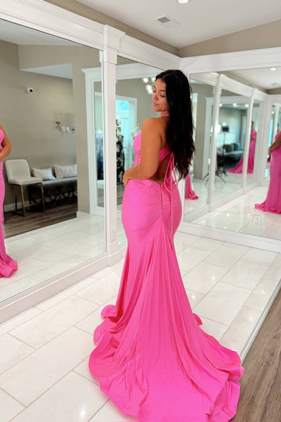 Elegant Mermaid V Neck Fuchsia Pink Satin Prom Dress VK5111403