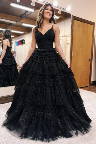 Ball Gown V Neck Black Glitter Tulle Long Prom Dresses VK23091208