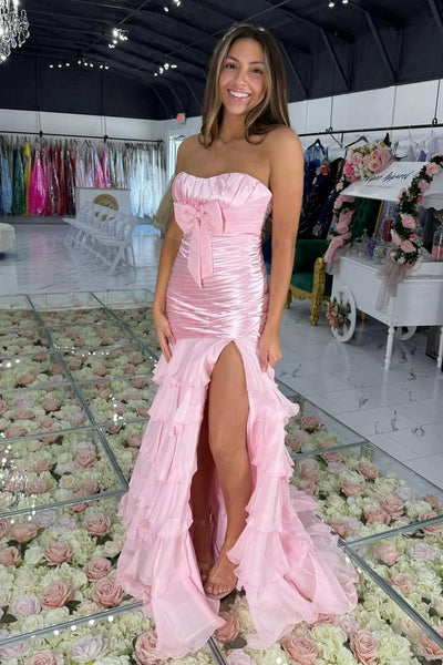 Pink Mermaid Scoop Neck Satin Prom Dress with Slit VK161907