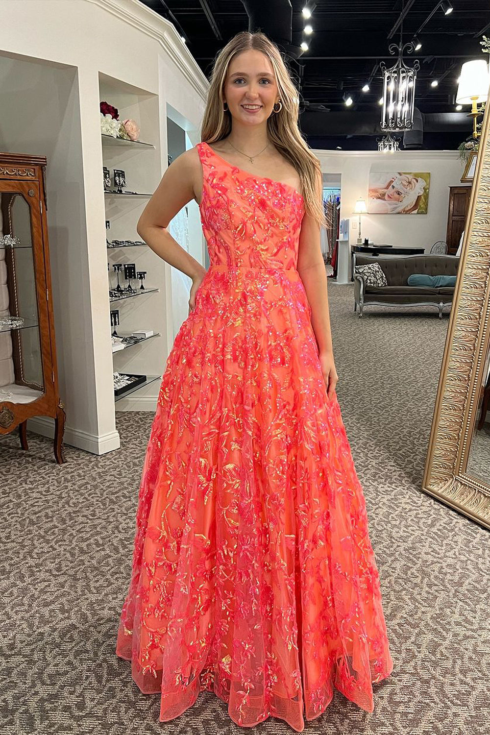 Cute A Line One Shoulder Coral Sequins Prom Dresses VK24103001