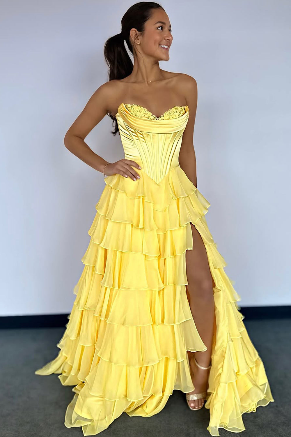 A-Line Strapless Ruffle Tiered Long Prom Dresses with Slit VK25031602