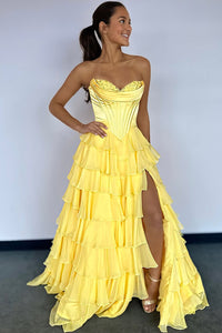 A-Line Strapless Ruffle Tiered Long Prom Dresses with Slit VK25031602