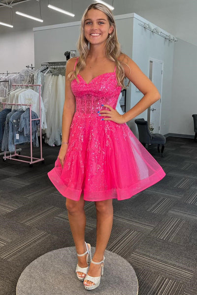 Hot Pink Straps Sequin A-Line Short Homecoming Dress VK23081202