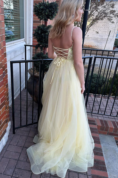 Yellow V Neck Tulle Long Prom Dresses with Appliques VK23120104