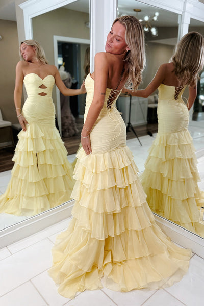 Mermaid Sweetheart Keyhole Daffodil Tiered Chiffon Prom Dresses Slit VK25111903