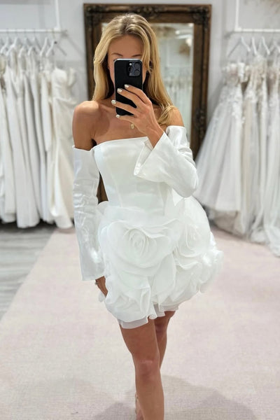 Off the Shoulder Long Sleeves White Satin Short Wedding Dresses with Handmade Flower VK26020506
