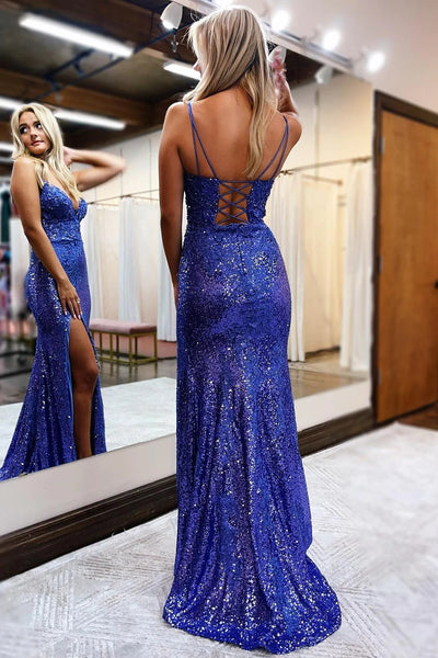 Sheath Spaghetti Straps Royal Blue Sequins Long Prom Dress with Silt VK23092909