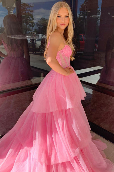 Cute A-Line Pink Tiered Tulle Long Prom Dresses VK24022002