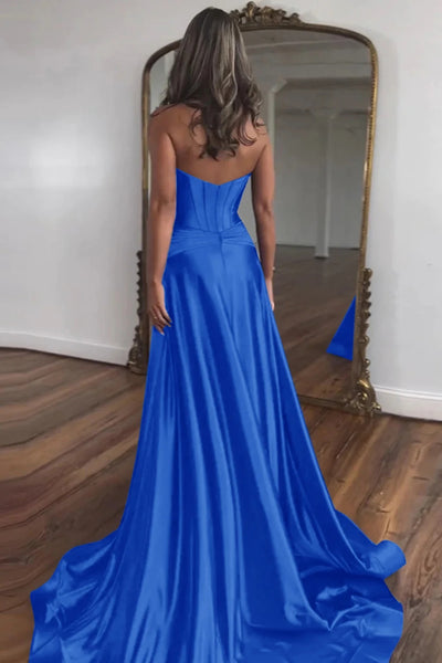 Royal Blue Sweetheart Satin Long Prom Dresses with Slit VK24031506