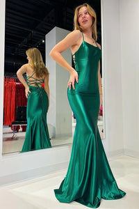 Emerald Scoop Neck Lace-Up Mermaid Long Prom Gown VK24011106