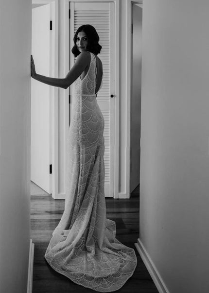 Boho Mermaid V Neck Lace Long Beach Wedding Dresses