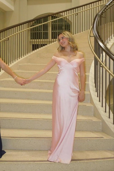 V-Neck Off-Shoulder Satin Fitted Long Party Prom Dress