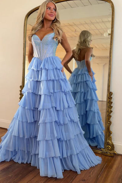 Cute A Line V Neck Blue Tiered Chiffon Long Prom Dress with Hot Fix VK16020311