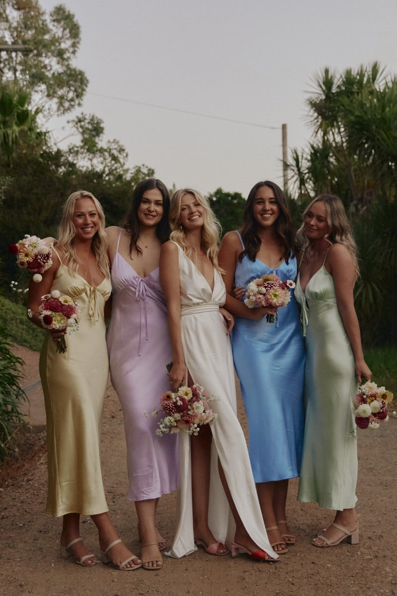 Sheath Silk Satin V Neck Ankle Length Bridesmaid Dresses with Straps VK23101506