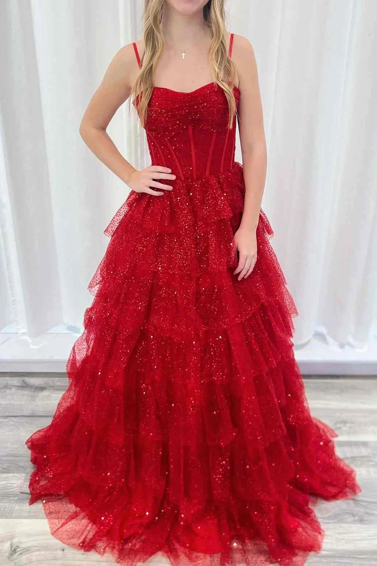 Cute A Line Sweetheart Red Glitter Tulle Long Prom Dress VK25010703
