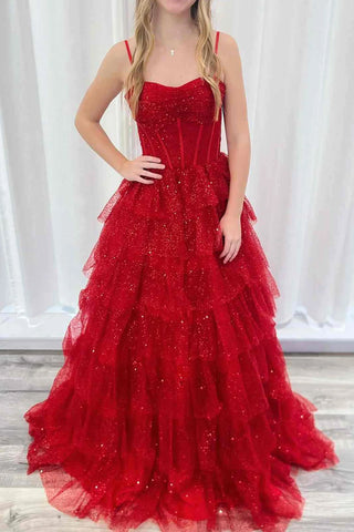 Cute A Line Sweetheart Red Glitter Tulle Long Prom Dress VK25010703