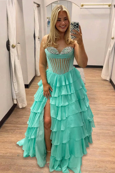 A-Line Sweetheart Mint Ruffle Tiered Chiffon Beads Long Prom Dresses with Slit VK26010508