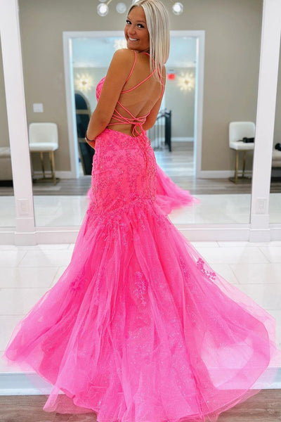Hot Pink Mermaid V Neck Tulle Lace Long Prom Dresses VK23092510