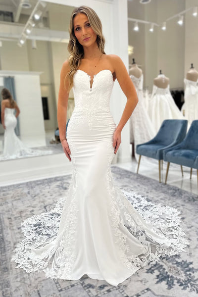 Charming Mermaid V Neck Satin Wedding Dress with Appliques VK25121801