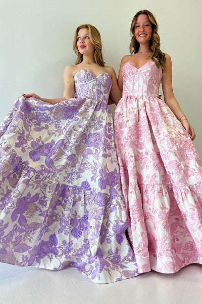 A-Line Sweetheart Floral Printed Long Prom Dresses VK24030703