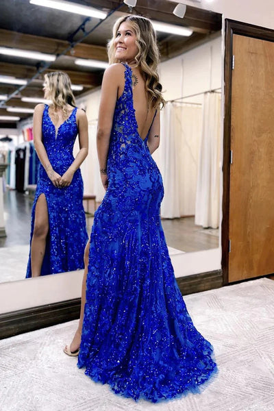 Royal Blue V Neck Sequins Lace Mermaid Long Prom Dresses VK24013105