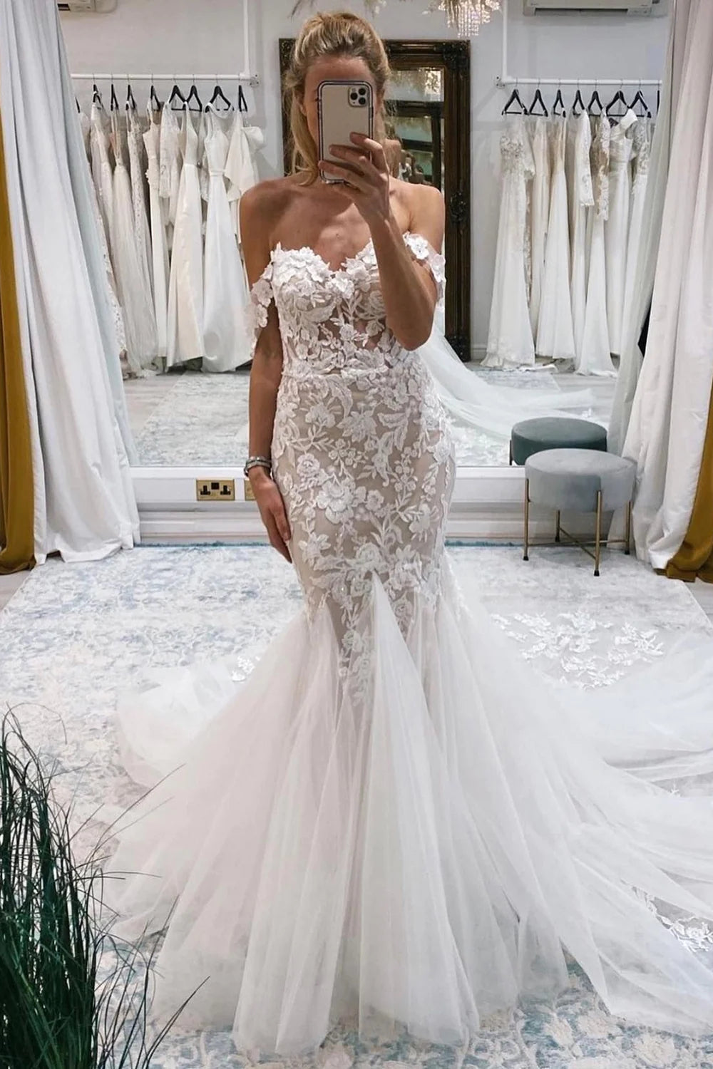 Ivory Off the Shoulder Long Lace Mermaid Wedding Dress VK23090104